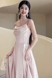 Pink Shiny Satin Spaghetti Strap A Line Long Prom Evening Gown HZ0527
