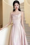 Pink Shiny Satin Spaghetti Strap A Line Long Prom Evening Gown HZ0527