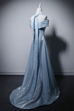 Blue Off The Shoulder Satin A Line Prom Formal Gown HZ0527