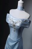 Blue Off The Shoulder Satin A Line Prom Formal Gown HZ0527