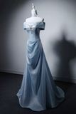 Blue Off The Shoulder Satin A Line Prom Formal Gown HZ0527