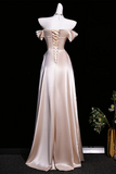 Champagne Strapless Satin Off Shoulder Prom Dress, A Line Evening Dress HZ0527