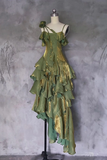 A Line Off Shoulder Silk Irregular Ruffles Green Prom Dress HZ0527