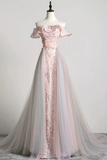 Off the Shoulder Pink Floral Gray Tulle Long Prom Dresses, Formal Graduation Dresses HZ0527