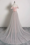 Off the Shoulder Pink Floral Gray Tulle Long Prom Dresses, Formal Graduation Dresses HZ0527