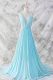 Ice Blue Simple Deep V-neck Beaded Open Back Prom Dresses HZ0527
