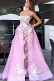 New A-Line Sweetheart Sweep Train Pink Tulle Prom Dress with Lace Appliques HZ0527