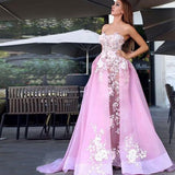 New A-Line Sweetheart Sweep Train Pink Tulle Prom Dress with Lace Appliques HZ0527