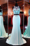 Light Sky Blue Long Two Pieces Mermaid Beaded Prom Dresses HZ0527