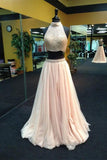 2025 Halter Two Piece Beaded Long Prom Dresses HZ0527