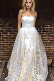 Modest White Tulle Strapless Lace A Line Prom Dress HZ0527