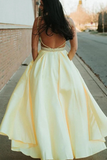 Promfast A Line Spaghetti Straps Backless Yellow Satin Prom Dress With Beading HZ0527