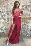 Charming Burgundy Long Off the Shoulder Sexy Slipped Prom Dress HZ0527
