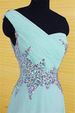 One Shoulder Light Sky Blue Long Beaded Chiffon Prom Dresses HZ0527
