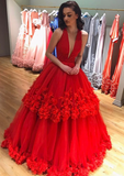 Charming Deep V Neckline Layered Tulle Red Prom Dresses Ball Gowns HZ0527