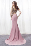 Elegant Mermaid Pink Sweep Train Bateau Long Prom Dress With Beading HZ0527