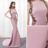 Elegant Mermaid Pink Sweep Train Bateau Long Prom Dress With Beading HZ0527