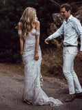 Ivory Lace Sheath Sweetheart Neck Boho Beach Wedding Dresses HZ0527