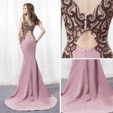 Elegant Mermaid Pink Sweep Train Bateau Long Prom Dress With Beading HZ0527