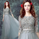 Grey Floor-length Half Sleeve Tulle Long Prom Dress,A line Evening Dress HZ0527