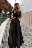 Two Piece Long Sleeve Floor-Length Black Prom Dress with Lace Appliques HZ0527