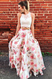 Two Piece Floral Long Lace A Line Prom Dress Graduation Party Dress HZ0527