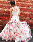 Two Piece Floral Long Lace A Line Prom Dress Graduation Party Dress HZ0527