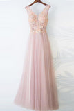Pearl Pink Lace Top V-neck A Line Floor-length Long Tulle Beautiful Prom Dress HZ0527