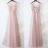 Pearl Pink Lace Top V-neck A Line Floor-length Long Tulle Beautiful Prom Dress HZ0527