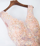 Pearl Pink Lace Top V-neck A Line Floor-length Long Tulle Beautiful Prom Dress HZ0527