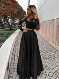 Two Piece Long Sleeve Floor-Length Black Prom Dress with Lace Appliques HZ0527