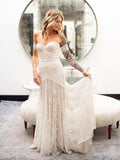 Ivory Lace Sheath Sweetheart Neck Boho Beach Wedding Dresses HZ0527