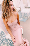 Promfast Elegant Spaghetti Straps Mermaid Beaded Pink Long Prom Dress HZ0527