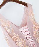 Pearl Pink Lace Top V-neck A Line Floor-length Long Tulle Beautiful Prom Dress HZ0527