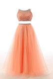Two Pieces Orange Red Beaded Long Prom Graduation Dresses HZ0527