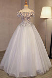 Grey Long Applique Off the Shoulder Tulle A-Line Prom Dress HZ0527