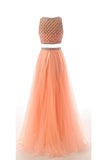 Two Pieces Orange Red Beaded Long Prom Graduation Dresses HZ0527