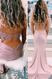 Promfast Elegant Spaghetti Straps Mermaid Beaded Pink Long Prom Dress HZ0527