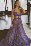 Purple Lace Spaghetti Straps Nude Lining Long Sexy Prom Dress HZ0527