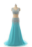 V-neck Light Sky Blue Beaded Long Prom Evening Dresses HZ0527