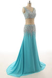 V-neck Light Sky Blue Beaded Long Prom Evening Dresses HZ0527