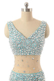 V-neck Light Sky Blue Beaded Long Prom Evening Dresses HZ0527