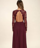 Lace Chiffon Bodice Burgundy Prom Dress,Long Simple Bridesmaid Dress with Long Sleeves HZ0527