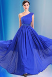 One Shoulder Chiffon Long Royal Blue Simple Prom Dresses HZ0527