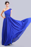 One Shoulder Chiffon Long Royal Blue Simple Prom Dresses HZ0527