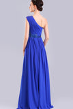 One Shoulder Chiffon Long Royal Blue Simple Prom Dresses HZ0527