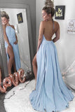 Halter Blue Backless Chiffon Sexy Long Prom Dress with Split HZ0527