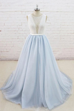 Promfast Light Blue Tulle Sheer Back A Line Round Neck Formal Prom Dress HZ0527