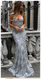 Sexy V-Neck Mermaid Sequined Lace Spaghetti Strips Backless Long Prom Dresses HZ0527