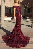 Burgundy Mermaid Sequined Off the Shoulder Prom Dress,Long Evening Dress HZ0527